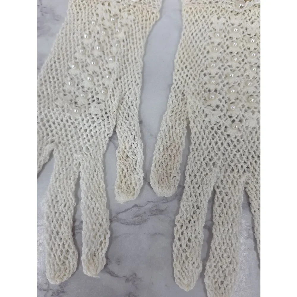 Vintage Crochet Lace Gloves Beaded with Rose Accent See Through